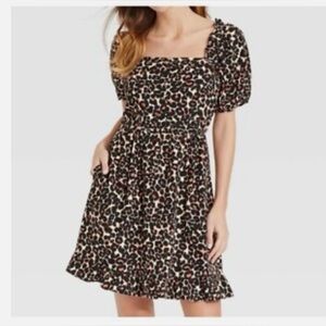 Who What Wear Leopard Square Neck Puff Sleeve‎ Linen Blend Dress Size medium